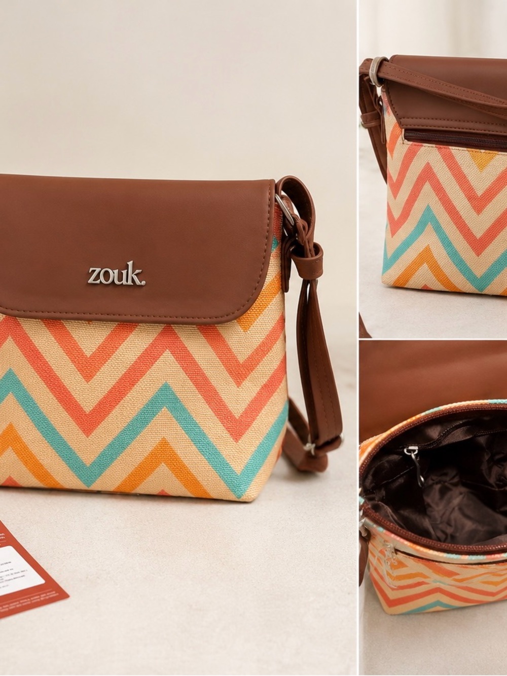 Zouk Chevron Canvas Crossbody in Brown and Multicolor